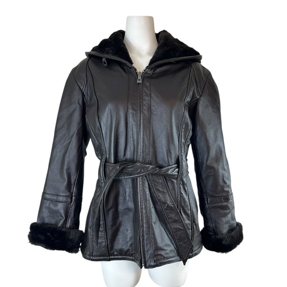 Wilson Leather Hoodie Faux Fur Lined Dark Brown Penny Lane Jacket Coat Medium